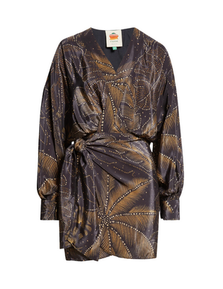 Golden Foliage Long Sleeve Wrap Minidress